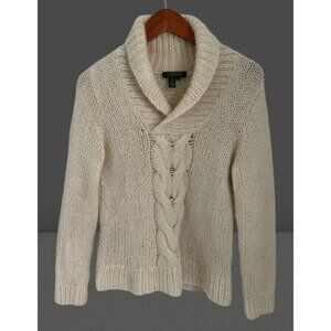 Lauren Ralph Lauren Lambswool Hand Cable Knit Shawl Collar Sweater Cream Size M